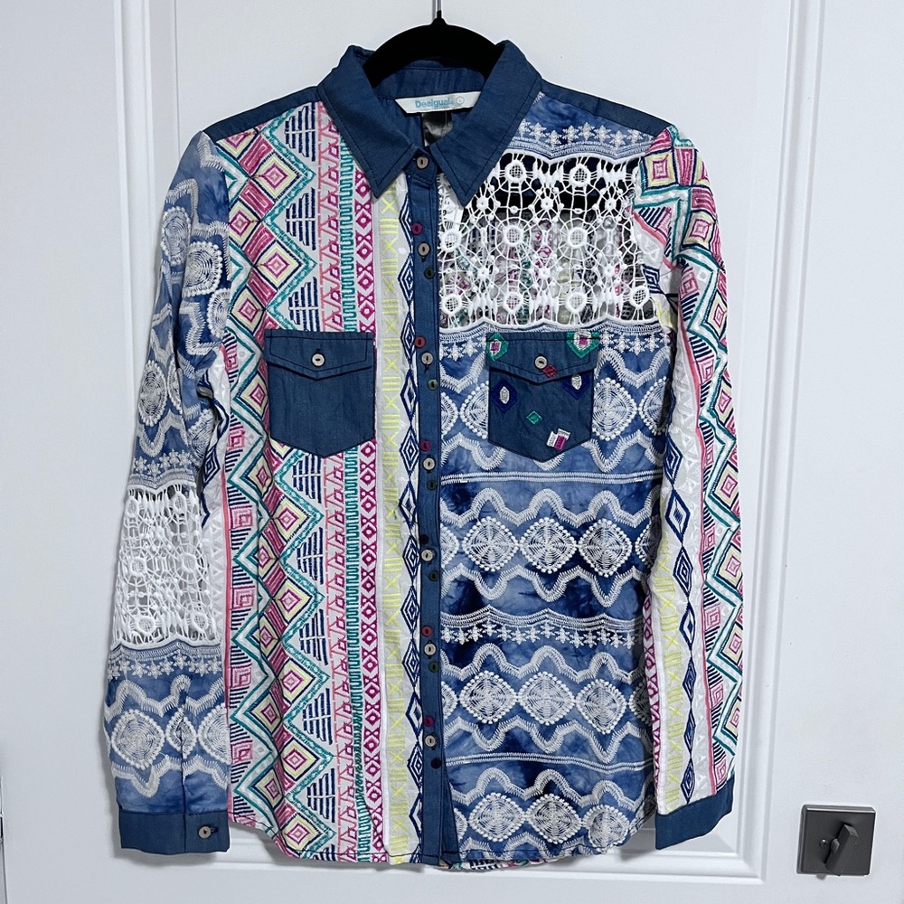 NWT - Desigual Women’s Patchwork Embroidered Long Sleeve Shirt - Size L